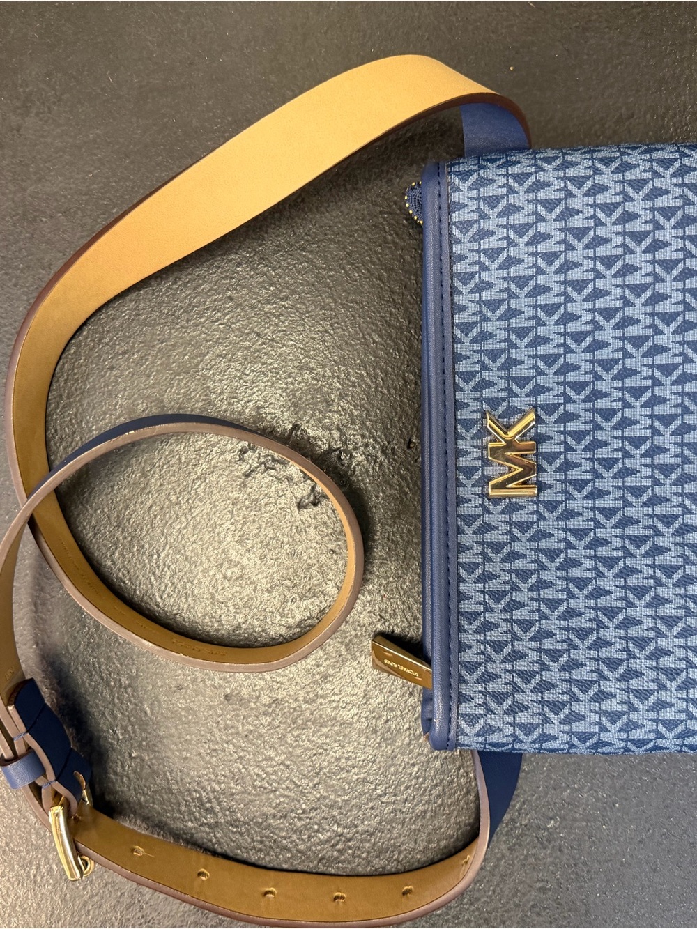 Michael Kors Blue Signature Crossbody with Gold Hardware and Tan Strap